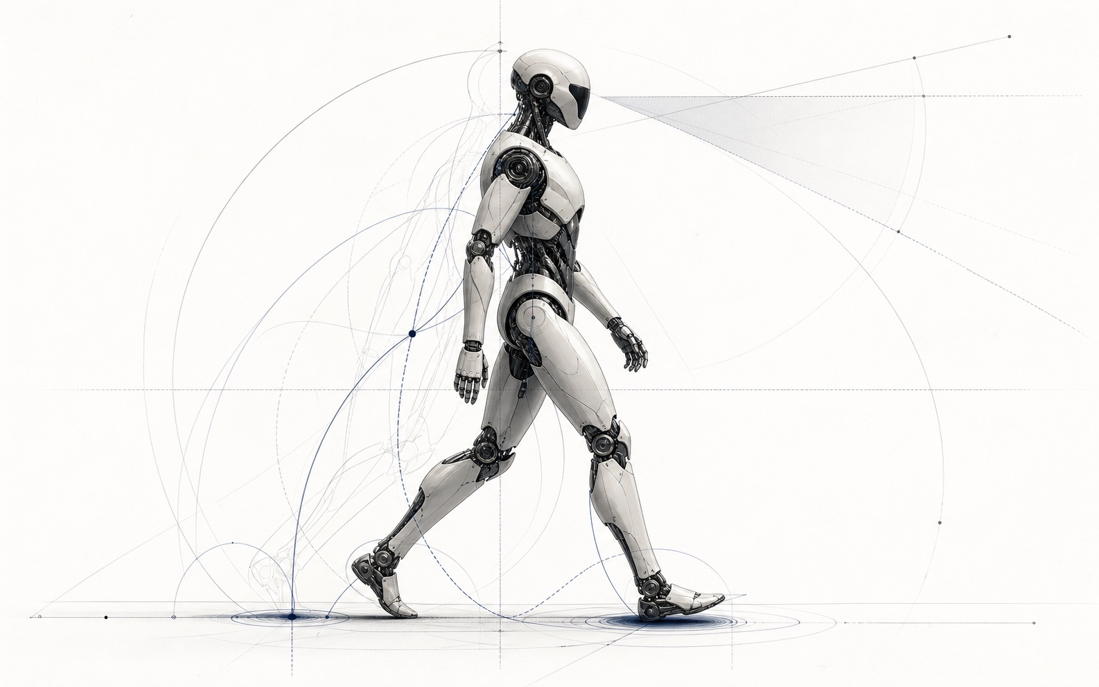 Humanoid robot walking across a white technical drawing