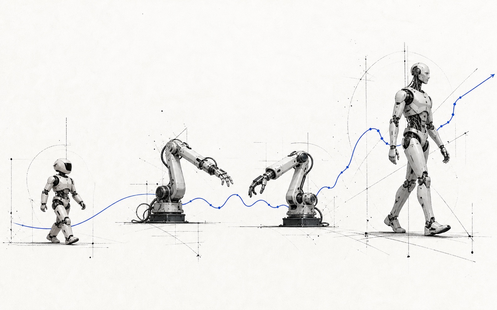 Robot forms connected across a white technical composition
