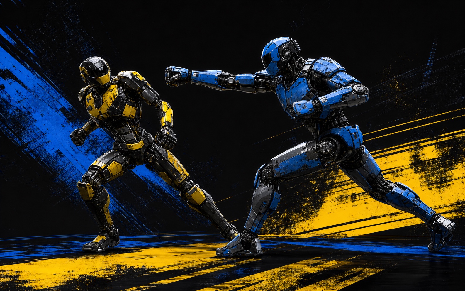 Blue and yellow humanoid robots exchanging a controlled strike on a black stage