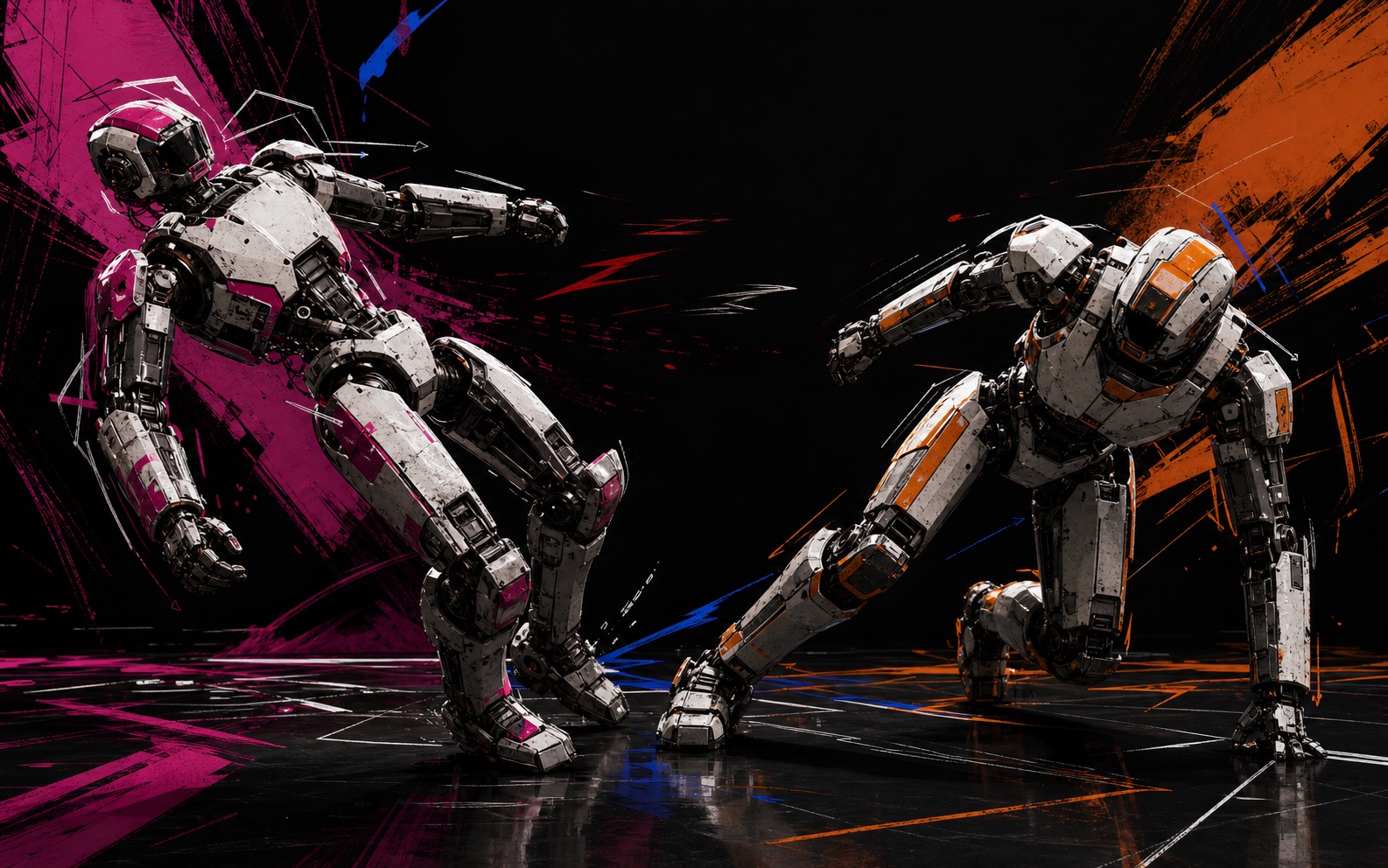 Two humanoid robots in a magenta and orange combat composition